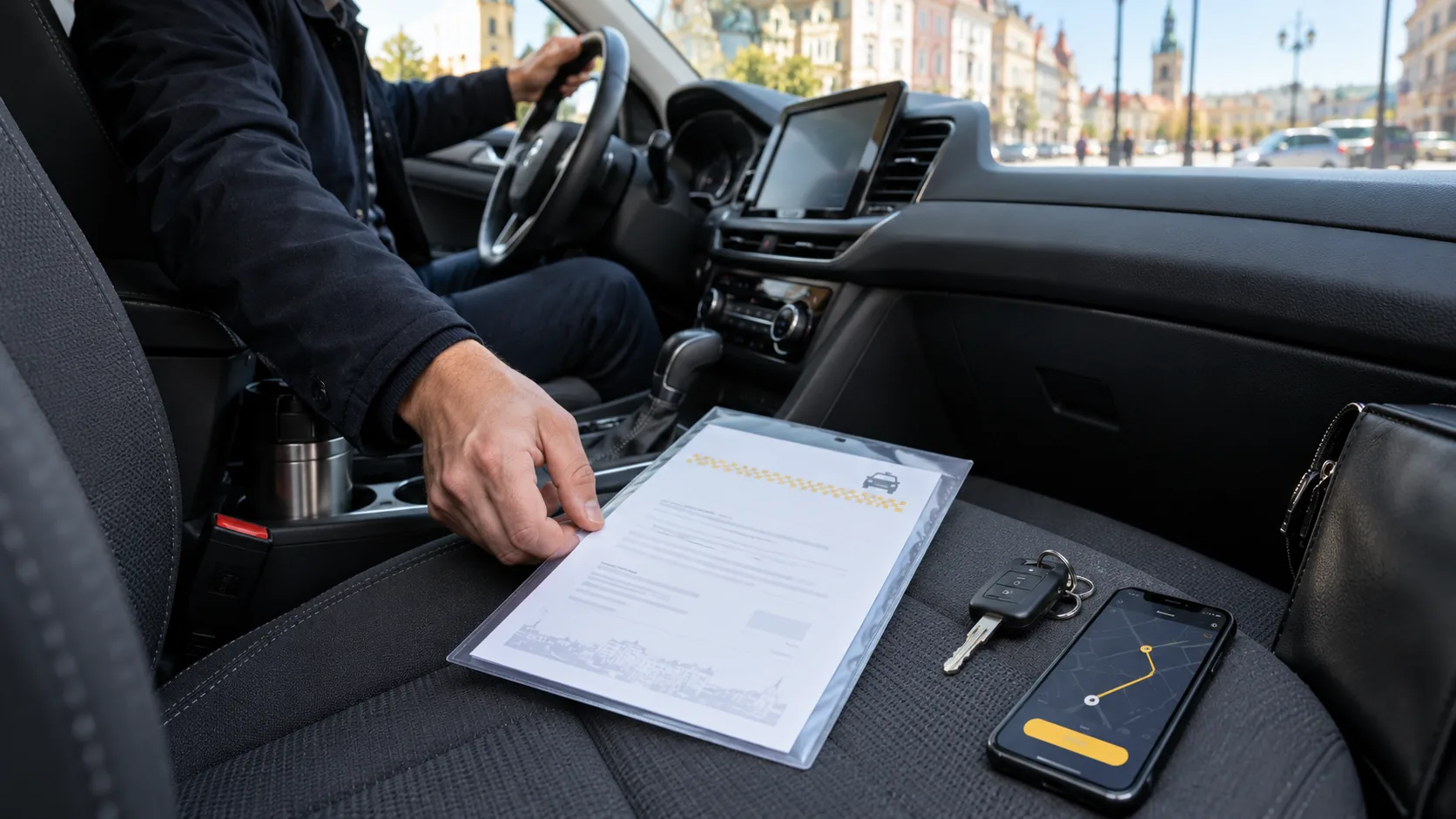 Ilustracja wypisu z licencji i telefonu przygotowanych przed kursem taxi